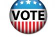 Graphic of a button with American flag images and the words "Vote."