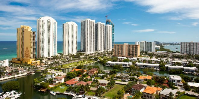 View of Sunny Isles Beach buildings and residential homes.